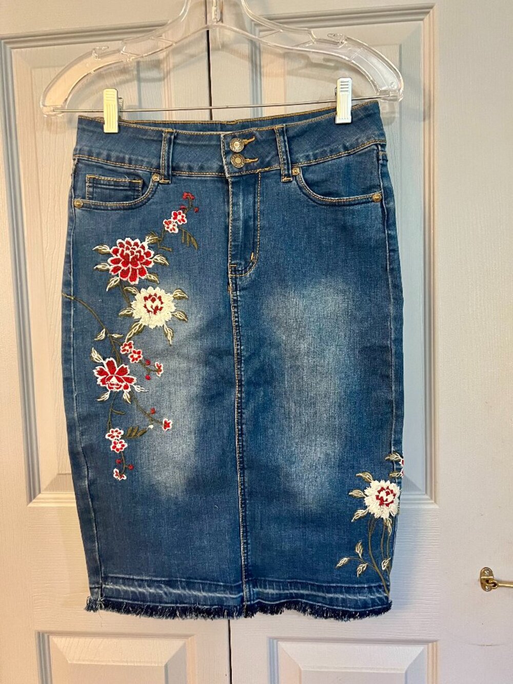 Embroidered Denim Pencil Skirt by Sandpiper **Stretchy